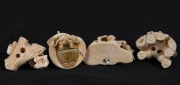 Four Kyoto school Japanese carved ivory netsuke including an elephant figural group, wood cutters, samurai helmet group and a figural group with fan, 20th century, ​​​​​​​the largest 4cm high - 2