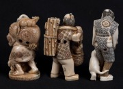 Three Kyoto school Japanese carved ivory netsuke of standing figures including wood cutter, man with monkey and figural group with rat, 20th century, ​​​​​​​the largest 5cm high - 2