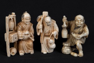 Three Kyoto school Japanese carved ivory netsuke of standing figures including a man holding a fish, man with a gourd, and a basket seller, 20th century, the largest 5cm high