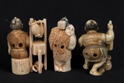 Three Kyoto school Japanese carved ivory netsuke of standing figures including a man holding a fish, man with a gourd, and a basket seller, 20th century, ​​​​​​​the largest 5cm high - 2