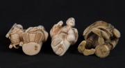 Three Kyoto school Japanese carved ivory netsuke of standing figures including a man holding a fish, man with a gourd, and a basket seller, 20th century, ​​​​​​​the largest 5cm high - 3