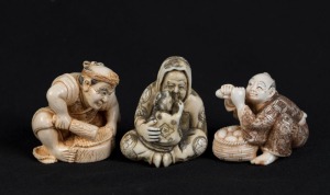 Three Japanese carved ivory netsuke of seated figures including a mother and child, the vegetable seller, and workman, 20th century, the largest 3.5cm high