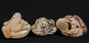 Three Japanese carved ivory netsuke of seated figures including a mother and child, the vegetable seller, and workman, 20th century, ​​​​​​​the largest 3.5cm high - 2