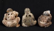 Three Japanese carved ivory netsuke of seated figures including a mother and child, the vegetable seller, and workman, 20th century, ​​​​​​​the largest 3.5cm high - 3