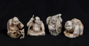 Four Japanese carved ivory netsuke of seated figures including a bird man, kneeling man, seated man with stick and a wandering man , 20th century, ​​​​​​​the largest 3.5cm high