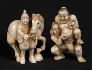 Two Japanese carved ivory netsuke of a man with a horse, and a sumo group, 20th century, the larger 4.5cm high