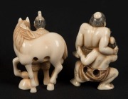 Two Japanese carved ivory netsuke of a man with a horse, and a sumo group, 20th century, ​​​​​​​the larger 4.5cm high - 2