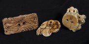 Three Japanese carved ivory netsuke of a reclining man, a drum figural group, and two crouching figures, 20th century, ​​​​​​​the largest 5cm long - 3