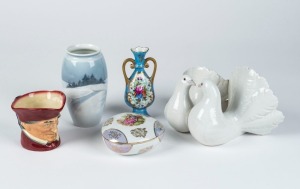 LLADRO Spanish porcelain dove figural group, ROYAL DOULTON character jug, BING & GRONDAHL Danish porcelain winter landscape vase, LIMOGES French porcelain vase and a Japanese porcelain jewellery box, 20th century, (5 items), the largest 13.5cm high