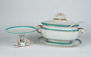 ROYAL WORCESTER antique English porcelain soup tureen with lid, ladle and platter; together with a WEDGWOOD antique English porcelain compote, 19th century, the platter 36cm wide
