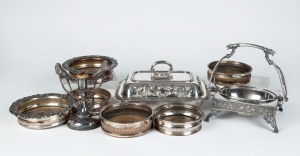 Silver plated tureen, butter dish, epergne stand A/F, and six assorted wine bottle coasters, 19th and 20th century, (9 items), ​​​​​​​the tureen 25cm wide