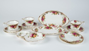 ROYAL ALBERT "Old Country Roses", English porcelain dishes and tea ware, (14 items), factory marks to bases, ​​​​​​​the largest dish 25cm wide