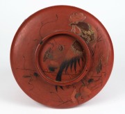 An antique Japanese red lacquered bowl with cockerel decoration, A/F, Meiji period, 19th century, 10cm high, 22cm diameter - 2