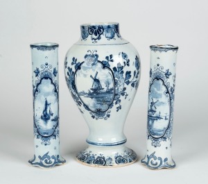 Three Dutch Delft blue and white ceramic vases, early 20th century, ​​​​​​​the largest 27cm high