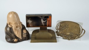 A French brass inkwell, a brass figural plaque, an Italian Art Deco jewellery box and a Chinese style painted chalk ware statue. Early to mid 20th century, (4 items),  the statue 18cm high