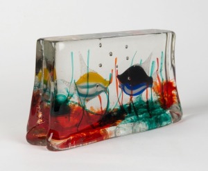 CENEDESE Murano aquarium glass fish block with two fish, by ALFREDO BARBINI, A/F, 13cm high, 23cm wide, 6cm deep