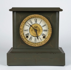 INGRAHAM antique American mantel clock in green painted timber case, time and strike movement, late 19th early 20th century, 27cm high