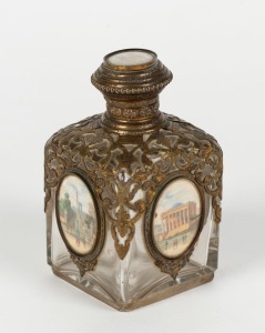 An antique French "Grand Tour" scent bottle with gilt metal mounts and five miniature hand painted portraits on ivory, 19th century, 12cm high 
