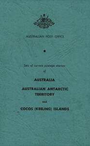 1965 Australian Post Office blue green Specimen folder "Sets of current postage stamps / of / AUSTRALIA / AUSTRALIAN ANTARCTIC TERRITORY / and / COCOS (KEELING) ISLANDS". Contains 3 packets of stamps, Australia (24), AAT (5) and Cocos (6) either CTO (Sept