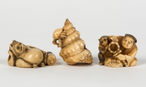 Three Japanese carved ivory netsuke in the form of a fox, man with monkey and conch shell,  ​​​​​​​the largest 6cm high 