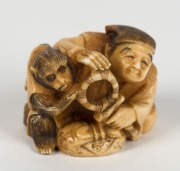 Three Japanese carved ivory netsuke in the form of a fox, man with monkey and conch shell,&nbsp; ​​​​​​​the largest 6cm high&nbsp; - 6