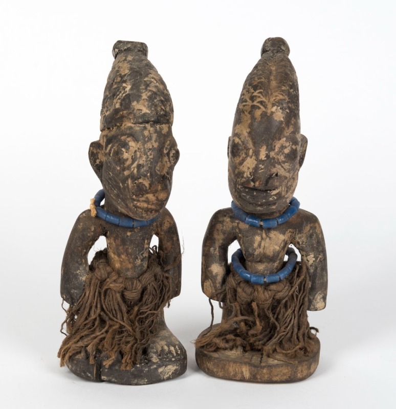 Two statues, carved wood and fibre with blue glass beads, Yoruba tribe, Nigeria, ​​​​​​​22cm high