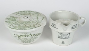 CLARKE'S "PYRAMID FAIRY" English porcelain jug; together with a Grimwades "QUICK-COOKER" porcelain pudding bowl with original lid, (2 items), the jug 11cm high