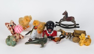 Assorted tin-plate and clockwork vintage toys including horse and cart, seal, penguin etc, (11 items)