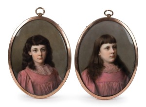 A pair of German porcelain hand-painted miniature portraits, early 20th century, 11cm x 8cm each