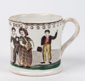 "DANCING DOG" Staffordshire porcelain mug, circa 1820, ​​​​​​​7cm high, 9.5cm wide