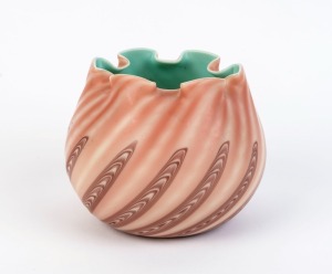 STEVENS & WILLIAMS antique English satin glass vase with swirling design in pink cased over blue and white, 19th century, 11.5cm high, 13.5cm wide