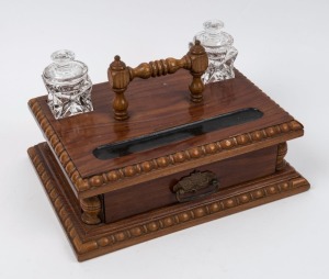 An antique walnut desk set with two glass inkwells, ​​​​​​​29cm wide