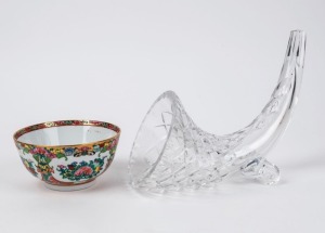 Crystal cornucopia vase, together with a Chinese porcelain bowl, 20th century, (2 items), ​​​​​​​the vase 14.5cm high