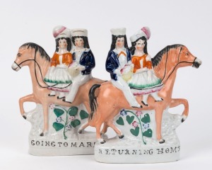 "GOING TO MARKET" and "RETURNING HOME" two Staffordshire pottery statues, 19th century, 21cm high