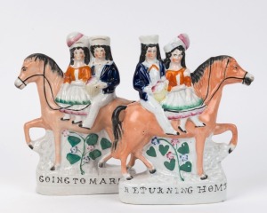 "GOING TO MARKET" and "RETURNING HOME" two Staffordshire pottery statues, 19th century, 21cm high