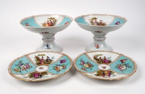 DRESDEN antique German pair of porcelain compotes with matching pair of plates, 19th century, (4 items), the compotes 13.5cm high, 21.5cm diameter