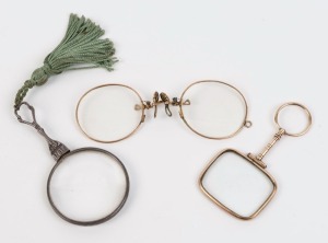 Pince-nez, and two antique looking glasses, 19th century, (3 items)