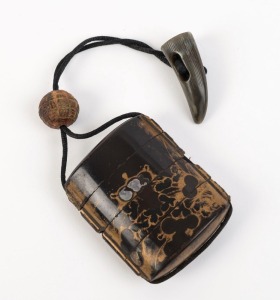 An antique Japanese inro, black lacquer with mother of pearl and gilt decoration (rubbed), carved wood ojime and horn netsuke, Meiji period, 19th century, ​​​​​​​the inro 7cm high