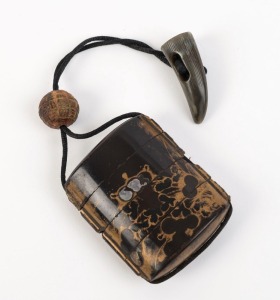 An antique Japanese inro, black lacquer with mother of pearl and gilt decoration (rubbed), carved wood ojime and horn netsuke, Meiji period, 19th century, the inro 7cm high