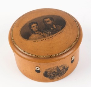 SEWING: Mauchline ware six spool cotton thread dispenser, emblazoned "The Prince & Princess Of Wales", "Crowned Near Abbotsford The Seat Of Sir Walter Scott", and "Bryburgh Abbey", 19th century. Bearing a lithograph paper label inside the lid "CLARK & Co. PAISLEY", 5.5cm high, 10cm diameter