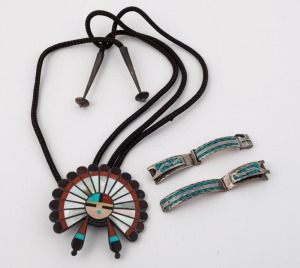 An American silver and turquoise watch band, together with a Texas tie in silver, enamel and turquoise, 20th century, (2 items)