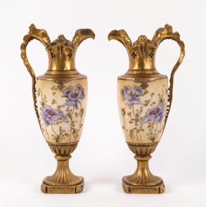 AMPHORA pair of antique Austrian porcelain ewers decorated with blue poppies and gilded highlights, 19th century, ​​​​​​​31cm high