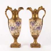 AMPHORA pair of antique Austrian porcelain ewers decorated with blue poppies and gilded highlights, 19th century, ​​​​​​​31cm high