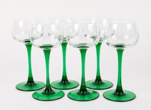 Set of six French wine glasses with green stems, 20th century, 16.5cm high