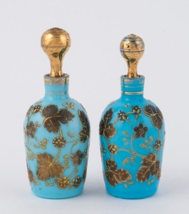 MOSER pair of blue glass scent bottles with floral enamel decoration and gilt highlights, circa 1880, the larger 9cm high