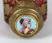 An antique French ruby glass scent bottle with gilt metal mounts and enamel portrait top, 19th century,  8.5cm high - 2