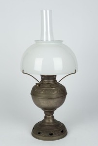 An antique American oil lamp with milk glass shade and chimney, 19th/20th century, ​​​​​​​54cm high overall