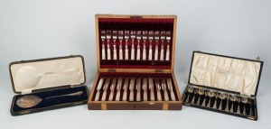 An antique English fruit cutlery set with carved mother of pearl handles and sterling silver collars, in original walnut canteen, 19th/20th, together with a boxed set of silver plated dessert cutlery and a boxed silver plated server, (3 items), the cantee