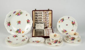 CROWN DERBY boxed fruit cutlery, dish and assorted Cauldron English floral porcelain tea ware, 20th century, (11 items),