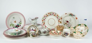 Assorted antique English porcelain plates, dishes, compote and lidded sugar basin, including Bow, Derby and Chelsea, 18th and 19th century, (21 items), the largest plate 22cm diameter